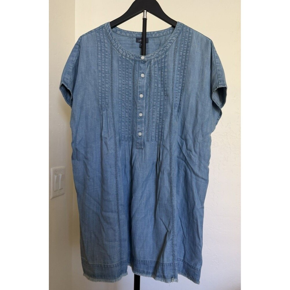 J. Jill Blue Chambray Tencel Pleated Pintuck Boxy Popover Top L Fringe Hem Boho